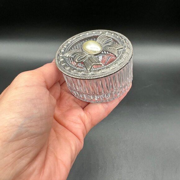 Vintage Trinket Dish Vanity Jewelry Jar Pewter Glass Faux Pearl Cabochon Cottage - Picture 8 of 10